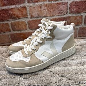 Veja V-10 High Top Sneakers White Tan Leather Mens Size 11.5 Sustainable Shoes